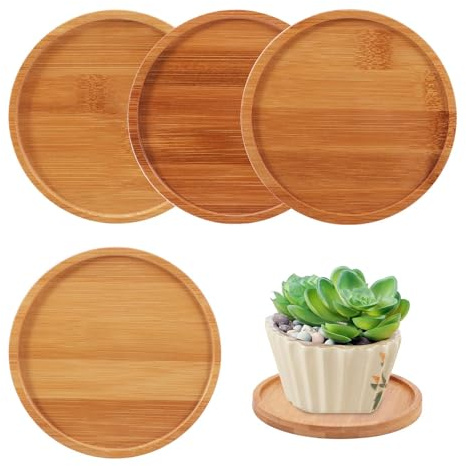 Hahhhha 4 platillos para macetas, bandejas redondas de bambú de 4.7 pulgadas, base de madera, platos de agua de drenaje para macetas pequeñas de interior, bandeja de servir de bambú natural, plato de
