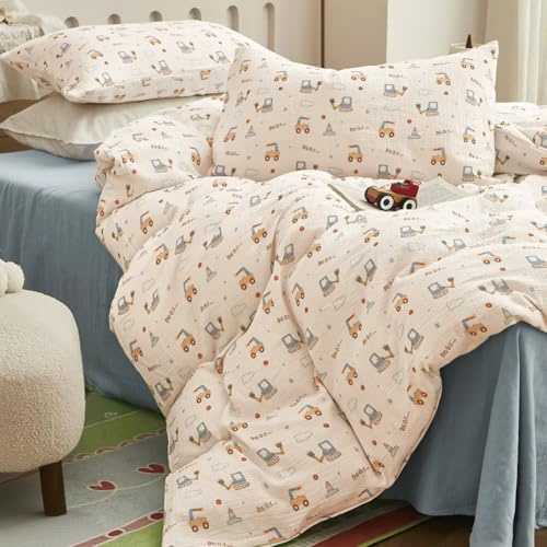 AShanlan Kinderbettwäsche 135x200 Baumwolle Musselin Kinder Bettwäsche Set | Bettbezug 135x200 cm und Kissenbezug 80x80 cm, Oeko-TEX zertifizierte, für Jungen, Bagger Motiv, Reißverschluss