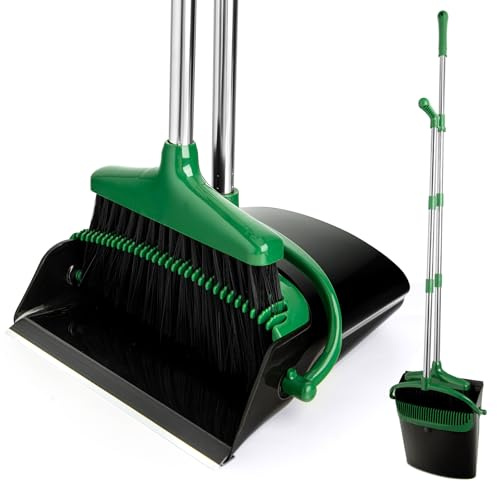 XXFLOWER Broom and Dustpan Set, Long Handle Lightweight Dustpans with Broom Combo for Home Sweeping for Room Kitchen Office Black Green