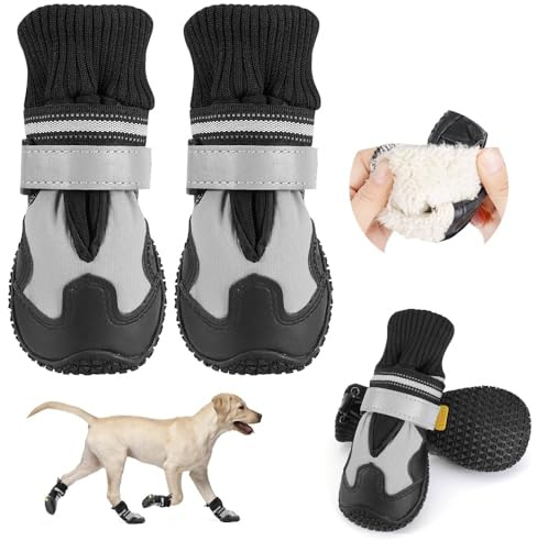 Eyein 4 Stück Hundeschuhe Pfotenschutz Winter, Wasserabweisend Windschutz | Reflektierende & rutschfeste Hundeschuhe mit warmem Fleece und hohem Design für Outdoor Schneewetter (Größe 2, Schwarz Nähte)