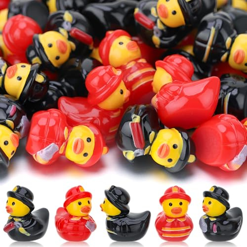 Xialvyu 100 Stück Feuerwehrmann Mini Enten,Kleine Enten | Kleine Enten für Puppenhaus,Mikrogarten,Landschaftsdekoration,Basteln,Partygeschen