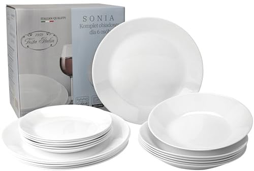 FESTA ITALIA Geschirrset 6 Personen - 18 Teilig - Tellerset aus Opalglas - Weiß Essgeschirr Set - Schüssel- und Tellerset - Modern Tafelservice - Teller - Essservice - Geschirr Set 6 Person