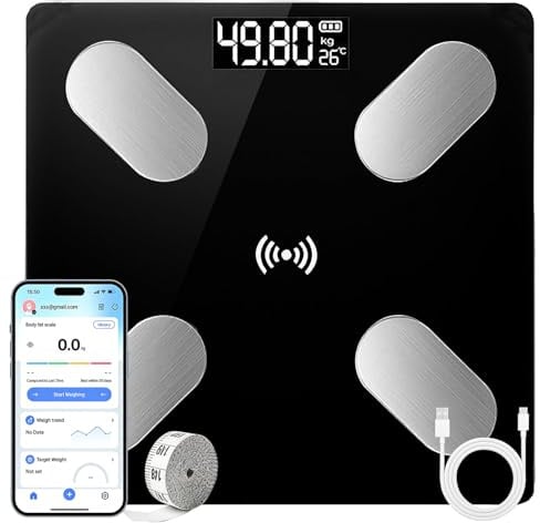 Waage für Körpergewicht, Personenwaage mit hochpräzisen Sensoren, Smart Body Composition Indizes Waage für Körpergewicht Körperfett Monitor BMI Muskelmasse Knochen iOS Android App Bluetooth