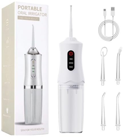 Irrigador Dental Portatil Higiene Bucal Viaje Water Flosser Irrigadores Dentales Sarro Dental Limpiador Jato de Agua Dientes Presion,Water Floss con 4 Boquillas 1 Cable,Blanco, Recargable
