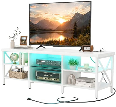 iSunirm Mobile TV a LED bianco 160 cm per TV fino a 70 pollici | Moderno Lowboard con stazione di ricarica & Mobile TV RGB con ripiano in vetro | Robusto tavolo TV per soggiorno e gaming, bianco