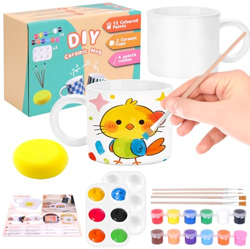 Hysagtek Ceramic Painting Set - Cups Painting Set DIY Set Adults, Ceramic Painting Includes Cups, Brushes, Colours and Instructions for Painting, Creative Gift for Valentine's Day, Mother's Day