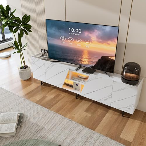 OLIVIBED Mobile TV da 220 cm, con vano portaoggetti, per TV fino a 85 pollici, tavolo TV con 4 ante e ripiani, moderno per soggiorno, camera da letto, bianco