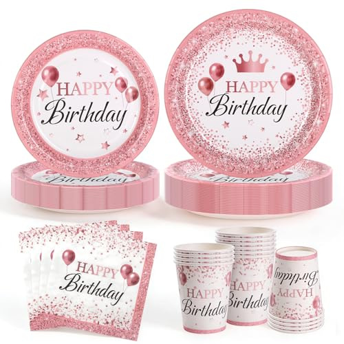 Rose Gold Birthday Party Plates Napkins Sets Pink Birthday Party Supplies Tableware Set for Pink Girls Birthdays Decorations Disposable Paper Plates Napkins Cups Set Princess Dinnerware Sets, Serve 24