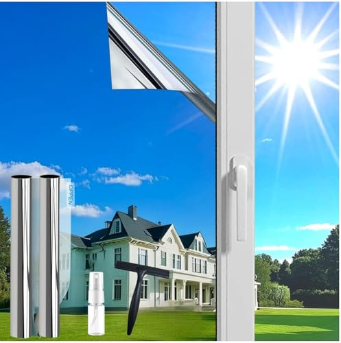 One Way Window Film Privacy, 2Pcs Window Tint Films, Silver(44.5x200 CM) | Sun Blocker Heat Reflective UV Window Tint Mirror Film Anti Glare for Home Office with Tools