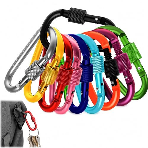 10 Pcs Locking Carabiner Clips, Small Aluminum Screw-Lock Hooks | Lightweight Durable Clip Hooks for Keychains, Camping, Hiking, Fishing, Travel and Organising Small Outdoor Gear