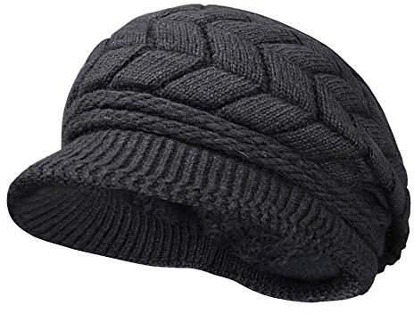 KUYOU Winter Strick Pelzmütze Barett Damen Schirmmütze Kappe Hut (Mode Schwarz)