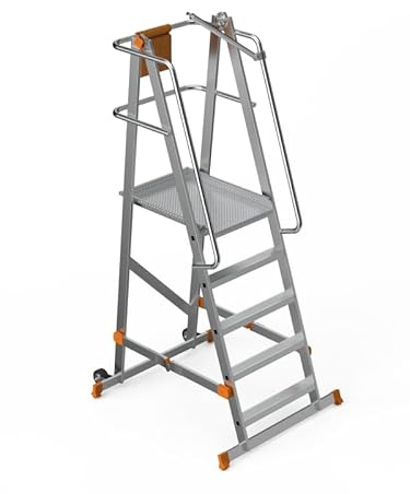Escabeau à plateforme roulante pliable en aluminium renforcé – 4 marches + plateforme antidérapante (570 x 620 cm), H.132 cm avec garde-corps de sécurité – SARAYLI 8104