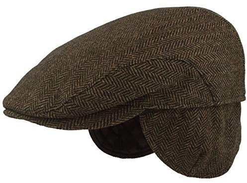 Breiter Herren Winter Schiebermütze mit Ohrenklappen Flatcap Schirmmütze 100% Wolle Newsboy ausklappbarer Ohrenschutz Hautfreundlich Bequem Fischgrät Oliv 65