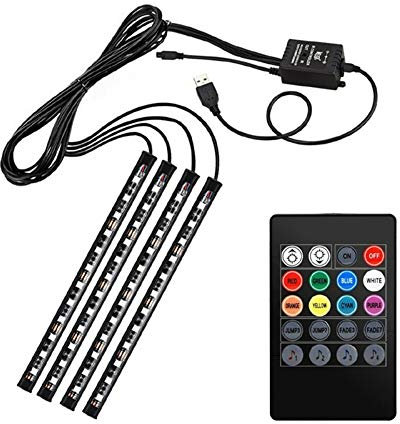 A59C LED Auto Innenbeleuchtung, 8 Farben, 48 LEDs, RGB Lichtstreifen mit Musiksteuerung, 4-teiliges Multicolor Ambiente Beleuchtung Set mit USB-Anschluss und 12V Autoladegerät, Fernbedienung