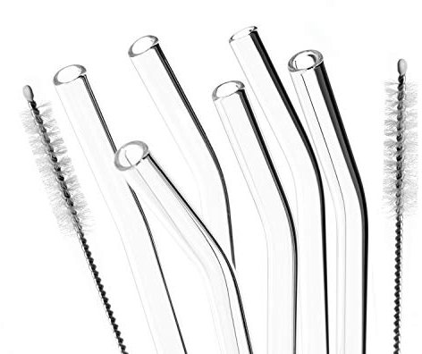 bremermann 6er Set Glas-Trinkhalme, Gebogene Form, Cocktail-Set, wiederverwendbar, transparent oder bunt, inklusive 2 Reinigungsbürsten (transparent, 15cm)
