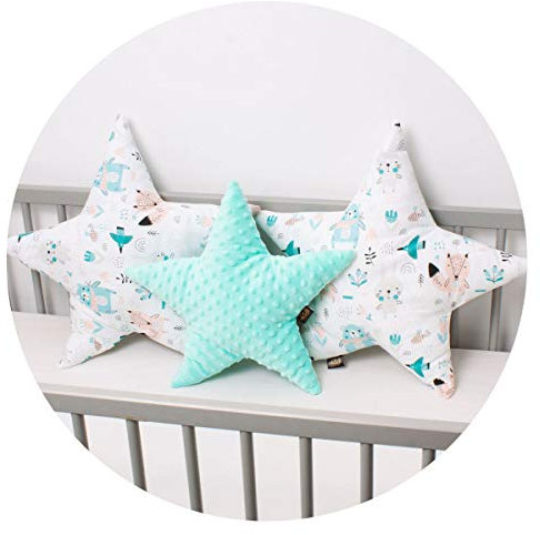 PaLulli 3 Pack Kissen Set Stern Sternchen Zierkissen ø 40cm u. 2 x ø 50cm Kinderzimmer Zimmer Deko Sternkissen Baby Dekokissen mit Füllung für Schlafzimmer Babyzimmer Kinderbett (Bears Mint)