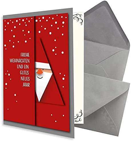 NEUSER PAPIER 75x kleines Weihnachtskarten-Set DIN A7 mit rotem Weihnachtsmann Motiv - Faltkarten mit Umschlägen DIN C7 Dunkelgrau mit Nassklebung - Weihnachtsgrüße für Firmen und Privat