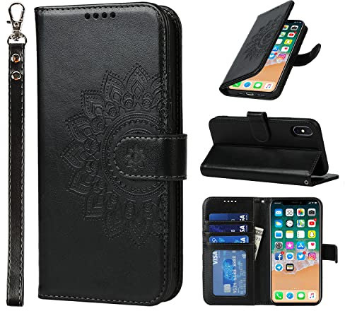 ELTEKER Handyhülle iPhone XS Max Klapphülle, Hülle für iPhone XS Max, [3 Kartenfächer] [Leder] [Magnet Verschluss] Eleganter Prägung Schutzhülle Ledertasche Hülle für iPhone XS Max, Schwarz