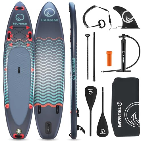 TSUNAMI Stand Up Paddling Board Model T, SUP-Board mit Komplettes Zubehör, Board-Tasche, Pumpe und Sicherheitsleine, Tragkraft bis 150kg, Länge 350 cm, für Erwachsene und Jugendliche Aller Niveaus