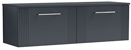 nuie DPF1494W2 Deco Modern Bathroom Wall Hung 2 Drawer Part Fluted Vanity Basin Unit with Double Worktop, 1200mm, Soft Black