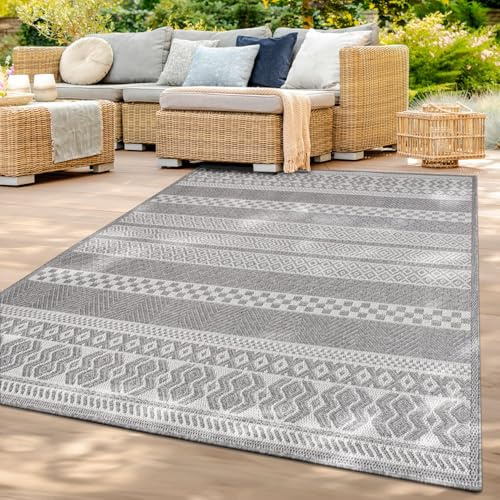 TT Home In-& Outdoor Teppich Wetterfest Balkon Küche Wohnzimmer Boho Rauten Design, Farbe: Grau Weiß, Größe:160 cm Rund