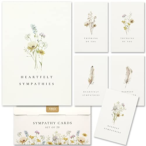 KIBAGA Beautiful Sympathy Cards Set of 20 with Envelopes and Stickers - Perfect Bulk Set To Express Your Condolences - Floral and Feather Assortment w/a Simple Heartfelt Note