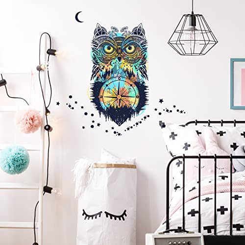WandSticker4U®- Wandtattoo Schlafzimmer EULEN-KOMPASS bunt (39x46 cm) I Boho Wandsticker Tiere Mond Sterne I Wanddeko Wohnzimmer Küche Flur Jugendzimmer Deko Mädchen Junge Tür Aufkleber COOL