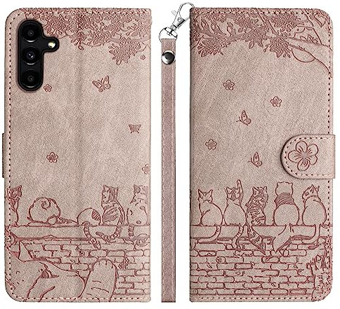Aisenth Handyhülle für Samsung Galaxy A14 5G/A14, Katze, Schmetterlings Muster Leder Handytasche Brieftasche Klapphülle Etui Flip Case Schutz Hülle mit Ständer, Magnet, Kartenfächer -Gräulich Violett