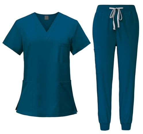 Fonowx Medizinische Arbeitskleidung Damen Herren, Krankenschwester Arbeitskleidung Set, V-Ausschnitt Anti-Falten, Medizinische Uniform mit Oberteil und Hose für Beauty Salon Klinik Krankenhaus