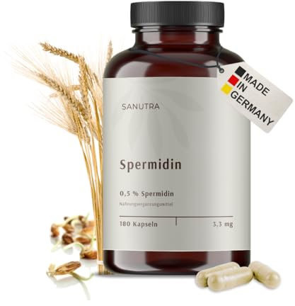 SANUTRA® Gélules de Spermidine – Extrait de germe de blé avec 2% de spermidine, 3,3 mg par dose quotidienne, véganes, sans additifs, contrôlées contre les résidus, fabrication allemande, 270 x 165 mg