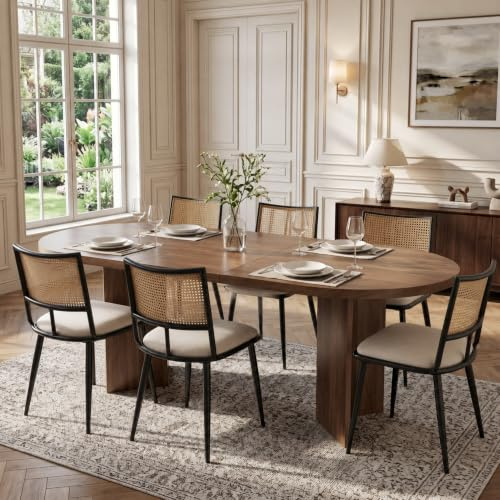 Merax Esszimmerstühle 6er-Set, Küchenstühle mit PU Sitz und Rattan Rückenlehne, Polsterstuhl für Esszimmer, Wohnzimmer und Schlafzimmer, Schwarz