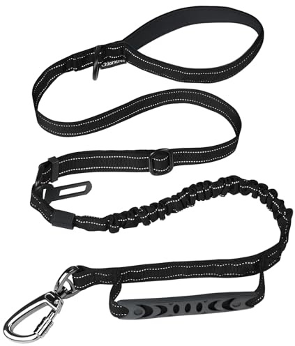 Chioratree Heavy Duty Taktische Hundeleine für mittelgroße große Hunde, 1.2m-1.8m stoßdämpfende Bungee-Hundeleine mit 2 Gepolsterten Griffen, Autosicherheitsgurt, reflektierende Leine Hunde, Schwarz