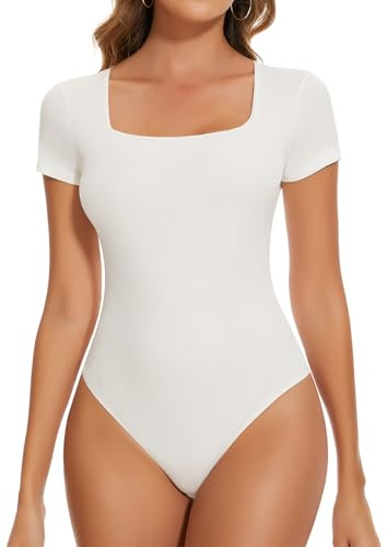 SHAPERIN Body Mujer Cuello Cuadrado Bodysuit Tanga Manga Corta Elegante Square Neck Bodysuit Tops, Blanco, M