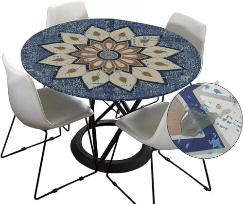 Tischdecke Outdoor Rund 120 cm, Elastisch Rund Abwaschbar Tischdecken Wasserabweisend Lotuseffekt Garten Tischdecke Grau Mandala Table Cloth (Ideal für 50cm-60cm,Blau)