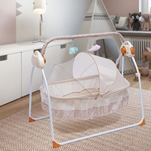 Xigner Elektrische Babywippe Babyschaukel- Schaukel Baby Indoor,5 verstellbare-Musikwiedergabe mit Fernbedienungen and Moskitonetz Bettgröße 90x52x30cm Stabil und geräuschlos (Khaki)