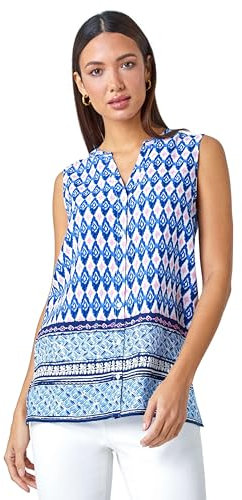 Roman Originals Sleeveless Shirt for Women UK Ladies Blouse Top Button Through Summer Smart Casual Work Cocktail Party Office Holiday Special Occassion Evening Going Out - Blue White Pink - Size 10