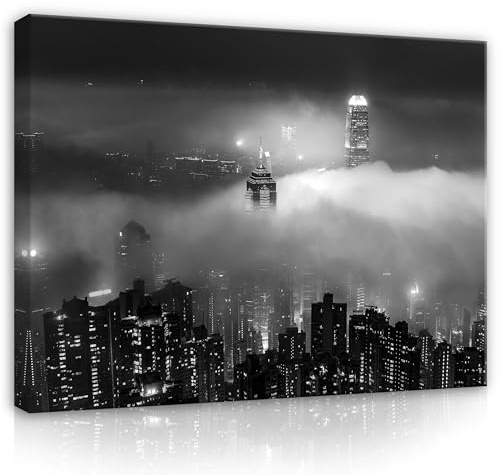 WallArena Leinwand Bilder 100x75 cm | Stadt Nacht schwarz weiß, Leinwandbilder, Bild auf leinwand, Format: 100x75 cm (BxH) - einteilig auf Canvas