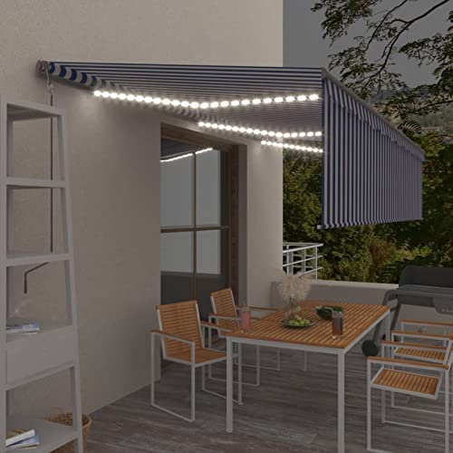 Iiaky Tenda Automatica Parasole Sensore Vento LED 6x3m Blu Bianca,Tenda da Sole per Esterno Avvolgibile,Tenda da Sole a Bracci Estensibili con Telaio in Alluminio,Tettuccio Resistente al Sole e Imperm