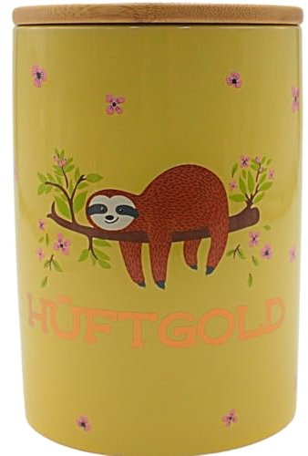 Dekohelden24 Stilvolle Keramik Aufbewahrungsdose/Kaffeedose/Frischhaltedose/Gebäckdose Hüftgold. Motiv: Faultier. Größe: H/Ø 15,6 x 11 cm.