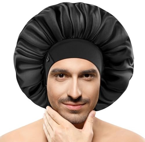 Cuffia in seta da uomo, in raso, per dormire, orlo regolabile e doppio strato, grande cuffia per dormire per capelli ricci e trecce rimane su tutta la notte