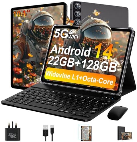 ZIOVO 2025 Newest Tablet Android 14 Tablet 10 Inch, 22GB RAM+128GB ROM(TF 1TB), 5G WiFi,Octa-Core,2.0GHz/8000mAh/ Support Widevine L1/8+5MP/BT 5.0/Widgets/2 in 1 Tablets with Keyboard & Mouse - Grey