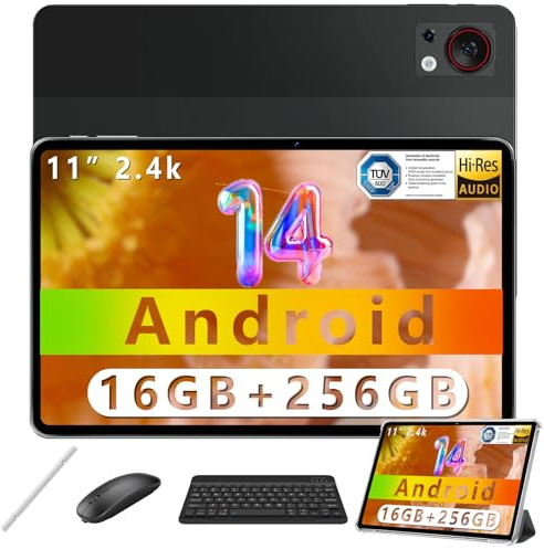 T30S Tablet 11'' Android 14 Tablet, 2.4K, 16(6+10) GB RAM 256GB ROM (1TB TF), 8580mAh, 13MP+8MP Android Tablets, Smart PA, 2.4G/5G WiFi, With keyboard, Mouse, stylus, Leather Case, Black