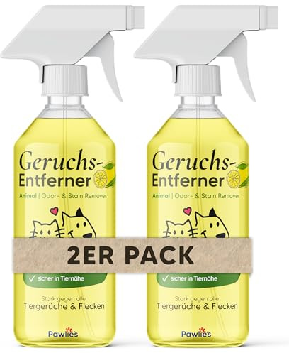 Pawlie's Tier-Geruchsneutralisierer (EXTREM STARK) & Enzymreiniger Katzenurin Geruchsentferner & Hundeurin neutralisieren | Strenge Gerüche & Flecken aus Teppich, Sofa entfernen (2x 500 ml)