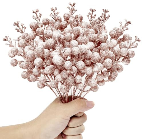 Kunjocy 12 Pcs Snowy Christmas Glitter Berries Stems, Frosted Christmas Berries Decorations Artificial Christmas Berries Picks for Christmas Wreath Garland Xmas Tree Ornament (Rose Gold)