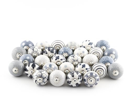 ETHNICITI 30 x Grey & White Handmade Ceramic Door Knobs for Cupboards Drawers Cabinets Wardrobe Assorted Vintage Shabby Chic Kitchen Bedroom Living Room Furniture Dressers Pulls Handles Home Decor