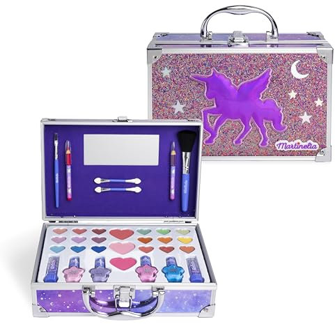 MARTINELIA - Palette di trucco per bambini Galaxy - Valigetta kit di trucco per ragazza: Rossetto, ombretto, smalto per unghie per bambini, blush con specchio - Valigetta in metallo
