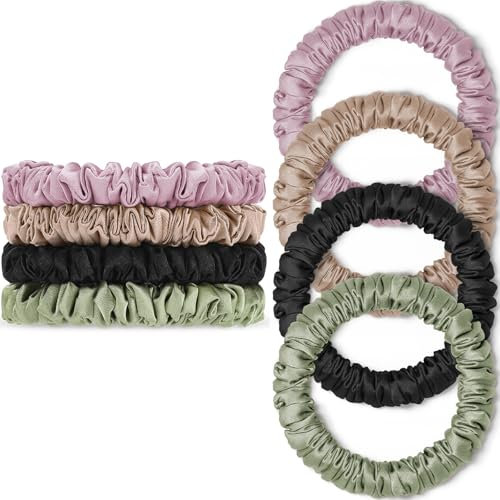 Scrunchies Haargummis Seide Satin Scrunchy, WantGor Damen 4PC Pure Mulberry Silk Skinny Elastische Haargummis Haarbänder Armbänder Pferdeschwanzhalter Haarschmuck (Schwarz, Champagner, Rosa, Grün)