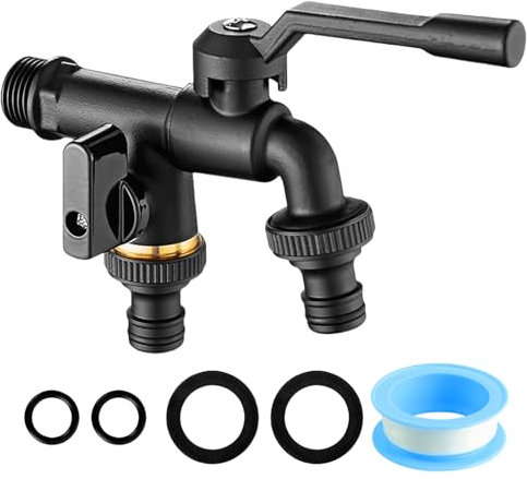 Rubinetto da giardino da 1/2, doppio rubinetto in ottone, antigelo, rubinetto per lavatrice con 2 uscite da 3/4, 1 nastro di tenuta a rullo, doppio rubinetto, per giardino, acqua piovana, esterno