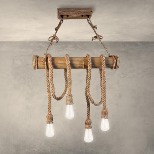 TEKHOME Lampadario Vintage Retro in Corda di Bambù con 4 Teste a Sospensione, Lampadario Corda Canapa Industriale 40W E27 per Cucina Soggiorno Sala da Pranzo Bar Caffè Ristorante Pizzeria Locale