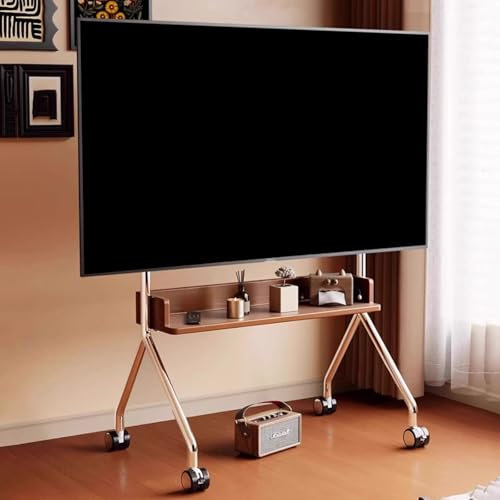 WXXSHGDW TV Stand with Wheels, Movable TV Stand Rolling TV Stand for 32-75 Inch Flat/Curved LED/LCD/OLED TVs, Stainless Steel Frame, Solid Wood Storage Board, Silent Wheels, for Home, School, Office